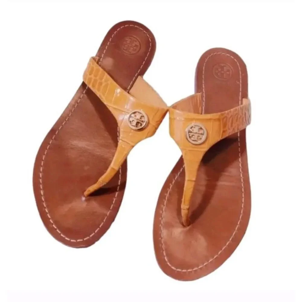 Tory Burch Patten Textured Leather Thora Flat T-Strap Thong Sandals‎